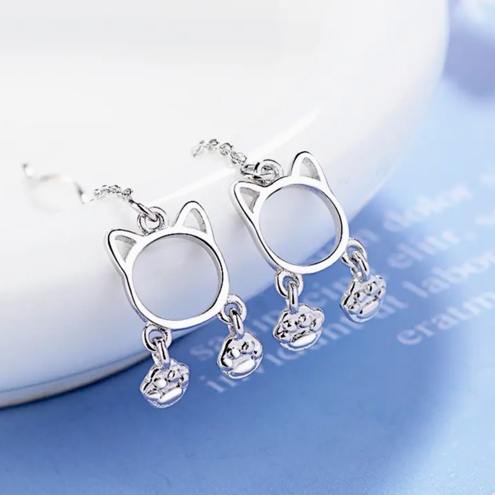 Sterling Silver CuteCat Long Drop Earrings